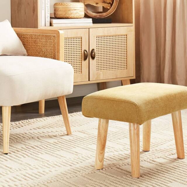 Wyld and Coco Retro Yellow Footstool - Polyester Upholstery Plywood Frame Oak Legs - image 1
