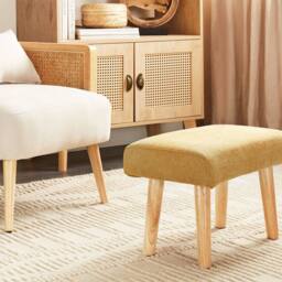 Wyld and Coco Retro Yellow Footstool - Polyester Upholstery Plywood Frame Oak Legs - thumbnail 1