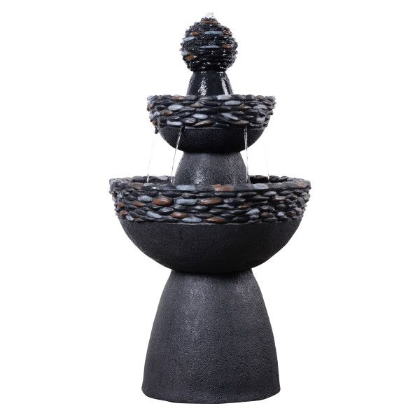 Teamson Home Garden Outdoor Water Feature, 3-Tier Pedestal Water Fountain, With LED Lights, Dark Grey Stone Finish - image 1