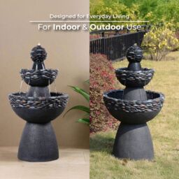 Teamson Home Garden Outdoor Water Feature, 3-Tier Pedestal Water Fountain, With LED Lights, Dark Grey Stone Finish - thumbnail 8