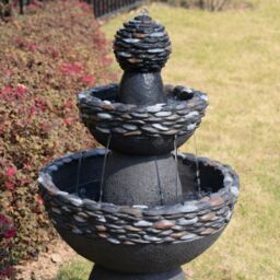 Teamson Home Garden Outdoor Water Feature, 3-Tier Pedestal Water Fountain, With LED Lights, Dark Grey Stone Finish - thumbnail 3