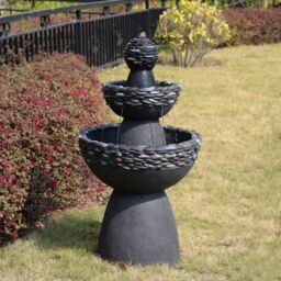 Teamson Home Garden Outdoor Water Feature, 3-Tier Pedestal Water Fountain, With LED Lights, Dark Grey Stone Finish - thumbnail 2