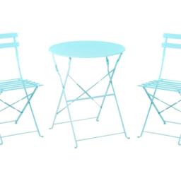 Wyld and Coco Blue Metal Folding 3-Piece Bistro Set - 2 Slatted Chairs Round Table - thumbnail 2