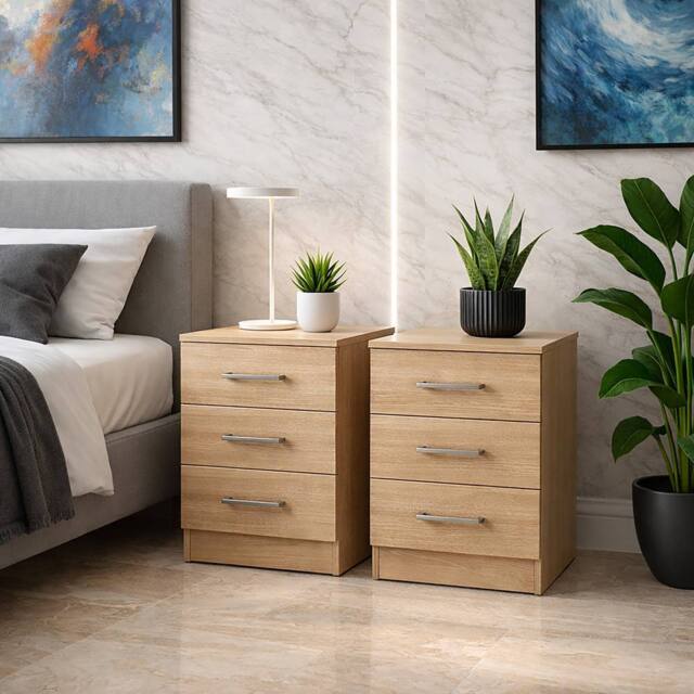 Harmin PAIR of Sonoma Oak 3 Drawer Bedside Cabinets - Stunning Modern Design in Light Brown - image 1