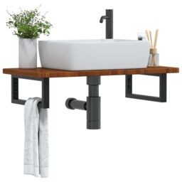 Berkfield Home Basin Shelf Wall Mounted Steel & Solid Wood Oak in Brown - thumbnail 1