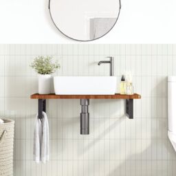 Berkfield Home Basin Shelf Wall Mounted Steel & Solid Wood Oak in Brown - thumbnail 3