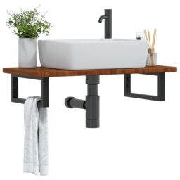 Berkfield Home Basin Shelf Wall Mounted Steel & Solid Wood Oak in Brown - thumbnail 2