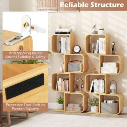 Costway 4-Tier S-Shaped Bookcase Bamboo Bookshelf w/4 Open Cubes in Natural - thumbnail 4