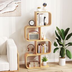 Costway 4-Tier S-Shaped Bookcase Bamboo Bookshelf w/4 Open Cubes in Natural - thumbnail 9