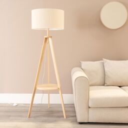 ValueLights Morrigan Natural Wood Tripod Floor Lamp & Linen Trim Shade & Bulb in White - thumbnail 3