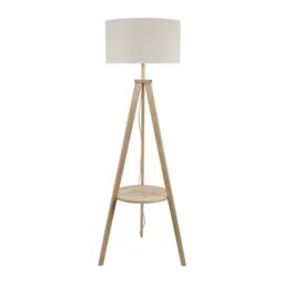 ValueLights Morrigan Natural Wood Tripod Floor Lamp & Linen Trim Shade & Bulb in White - thumbnail 2