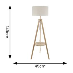 ValueLights Morrigan Natural Wood Tripod Floor Lamp & Linen Trim Shade & Bulb in White - thumbnail 4