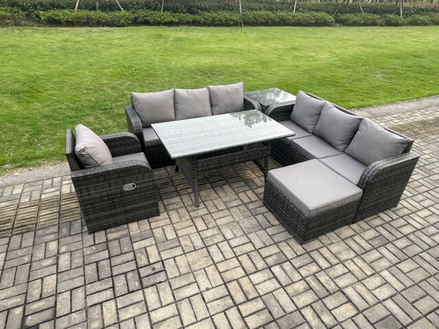 Fimous 8 Seater Rattan Garden Furniture Set Oblong Rectangular Dining Table & Chairs Set with 3 Seater Sofa Big Footstool Side Tables in Dark Grey - image 1