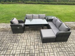 Fimous 8 Seater Rattan Garden Furniture Set Oblong Rectangular Dining Table & Chairs Set with 3 Seater Sofa Big Footstool Side Tables in Dark Grey - thumbnail 2