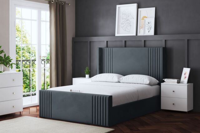 DS Living Elara Winged Steel Panel Bed with Headboard in Grey - Size: Super King - image 1