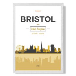 ARTZE Bristol Yellow & Black City Skyline Framed Print SIZE: A3 with White Frame - Size: A4 - thumbnail 1