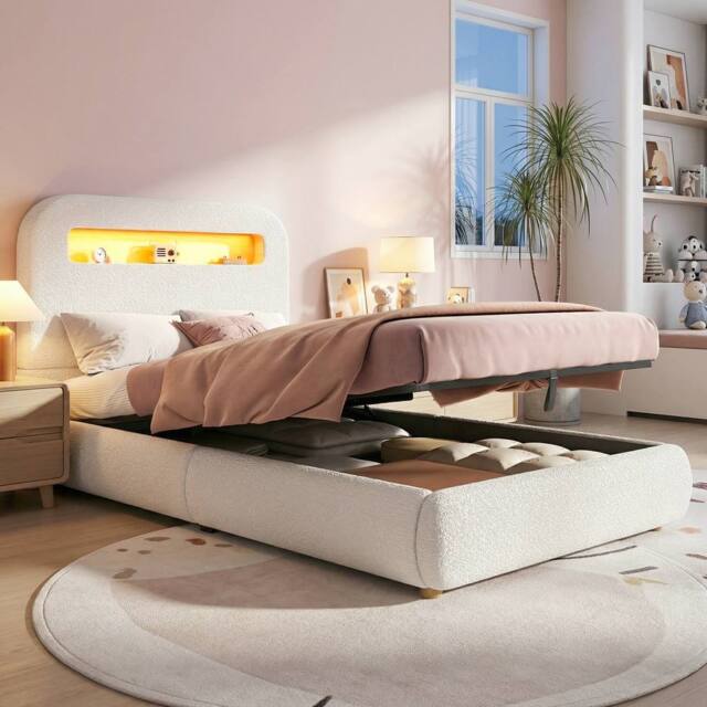 Matteo Children's Upholstered Single Bed with Storage, LED & Bouclé - White - image 1