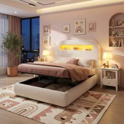 Matteo Children's Upholstered Single Bed with Storage, LED & Bouclé - White - thumbnail 3