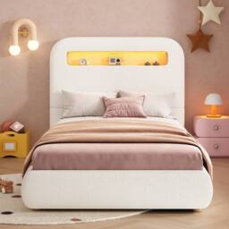 Matteo Children's Upholstered Single Bed with Storage, LED & Bouclé - White - thumbnail 6