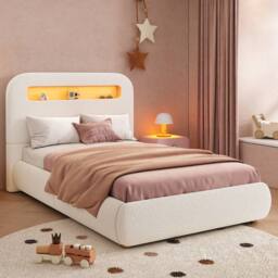 Matteo Children's Upholstered Single Bed with Storage, LED & Bouclé - White - thumbnail 5