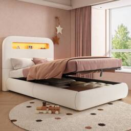 Matteo Children's Upholstered Single Bed with Storage, LED & Bouclé - White - thumbnail 2