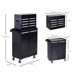 DURHAND 2 in 1 Metal Tool Cabinet Cart Storage Box Cabinet Pegboard Chest in Black - thumbnail 3
