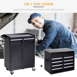 DURHAND 2 in 1 Metal Tool Cabinet Cart Storage Box Cabinet Pegboard Chest in Black - thumbnail 4