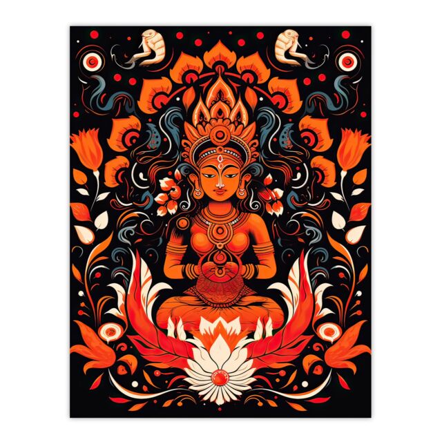"Artery8 Wall Art Print Hindu Goddess Parvati Floral Concept Art Design Orange White Blue Decorative Pattern on Black Poster - Size: W18"" x H24""" - image 1