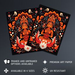 "Artery8 Wall Art Print Hindu Goddess Parvati Floral Concept Art Design Orange White Blue Decorative Pattern on Black Poster - Size: W18"" x H24""" - thumbnail 2