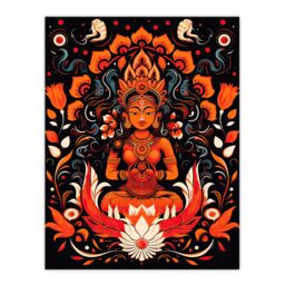 "Artery8 Wall Art Print Hindu Goddess Parvati Floral Concept Art Design Orange White Blue Decorative Pattern on Black Poster - Size: W18"" x H24""" - thumbnail 1