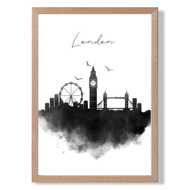 ARTZE London Watercolour Skyline City Framed Print SIZE: A3 with Oak Frame in Black - Size: A4 - image 1