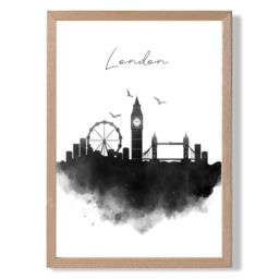 ARTZE London Watercolour Skyline City Framed Print SIZE: A3 with Oak Frame in Black - Size: A4 - thumbnail 1