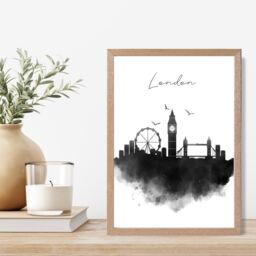 ARTZE London Watercolour Skyline City Framed Print SIZE: A3 with Oak Frame in Black - Size: A4 - thumbnail 2