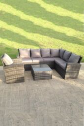 Fimous 7 seater high back mixed rattan corner sofa set chair square coffee table outdoor furniture in Dark Grey - thumbnail 3