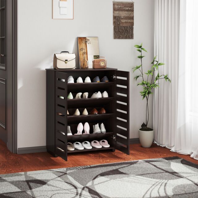 HOMCOM Shoe Storage Cabinet with Slatted Doors for 15 Pairs of Shoes Brown in Black