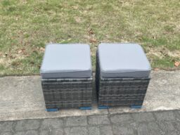 Fimous Outdoor Rattan Furniture Garden Dining Set Height Adjustable Rising lifting Table Love Sofa Set With 2 Small Footstools in Dark Grey - thumbnail 5