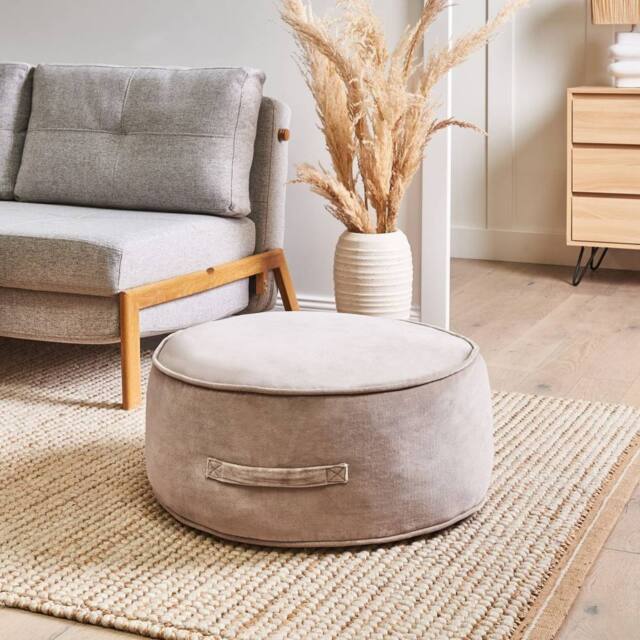 Wyld and Coco Glam Velvet Ottoman Pouffe Light Brown Round with Handle - image 1
