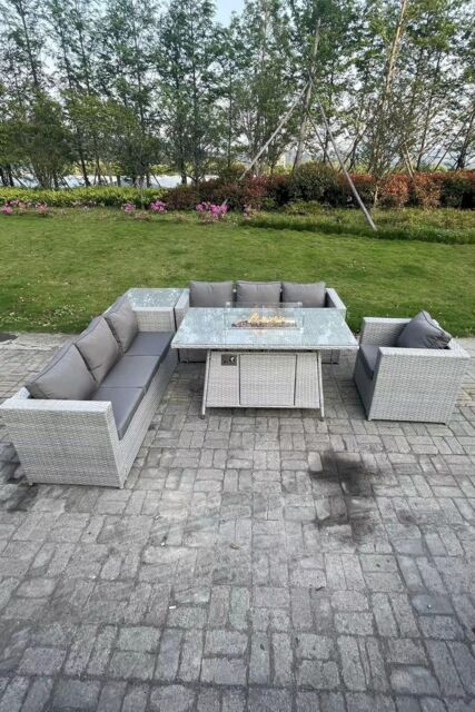 Fimous Corner Rattan FirePit Garden Furniture Set Gas Heater Burner Lounge Sofa With Side Coffee Table in Light Grey - image 1