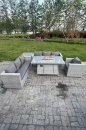 Fimous Corner Rattan FirePit Garden Furniture Set Gas Heater Burner Lounge Sofa With Side Coffee Table in Light Grey - thumbnail 1