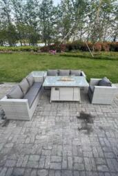 Corner Rattan FirePit Garden Furniture Set Gas Heater Burner Lounge Sofa With Side Coffee Table