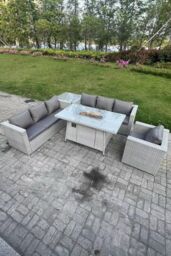 Fimous Corner Rattan FirePit Garden Furniture Set Gas Heater Burner Lounge Sofa With Side Coffee Table in Light Grey - thumbnail 3