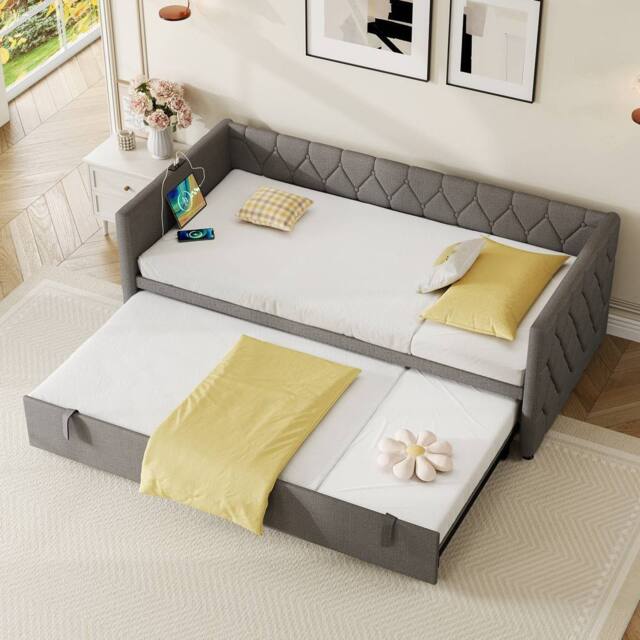 BTM Grey 3ft Upholstered Daybed with Trundle & Charging Station - image 1