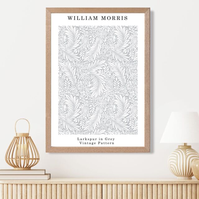 ARTZE William Morris Larkspur in Grey Art Print / Oak Frame / SIZE: A4 in Light Grey - Size: A2 - image 1