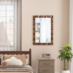 Costway Farmhouse Wall Mirror 106CM x71CM Wood Vanity Wall Mirror-Brown in Brown - Size: 106 cm x71 cm - thumbnail 3