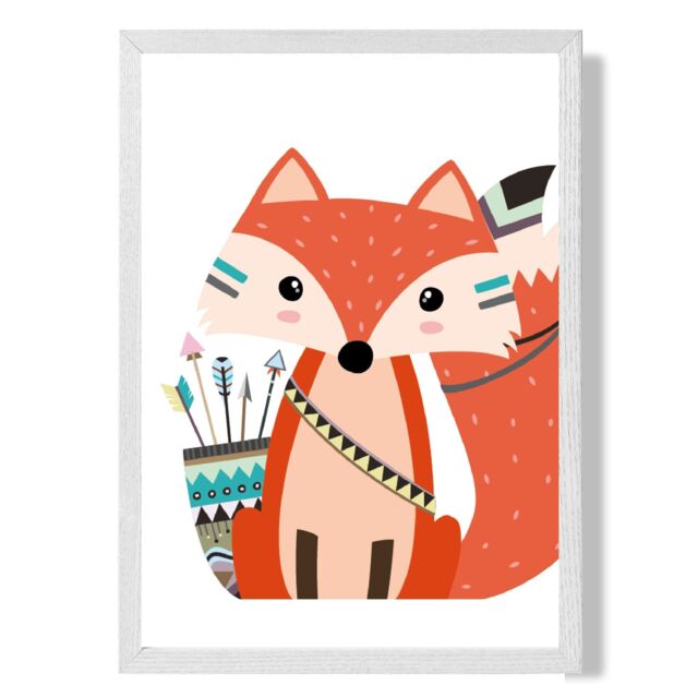 ARTZE Sitting Red Fox Tribal Animal Framed Print SIZE: A2 with White Frame - Size: A4 - image 1