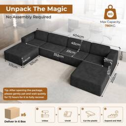 Dprodo Corduroy Modular Sofa, 404CM U Shape Couch, 25V9 in Black - thumbnail 2