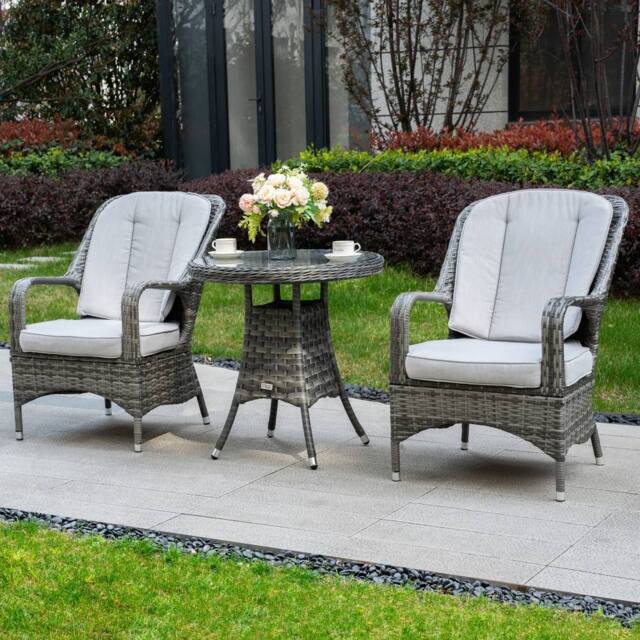 Direct Wicker Garden Aluminum Rattan Bistro Set, Round Table & 2 Armchairs in Grey - Size: 2 Person - image 1