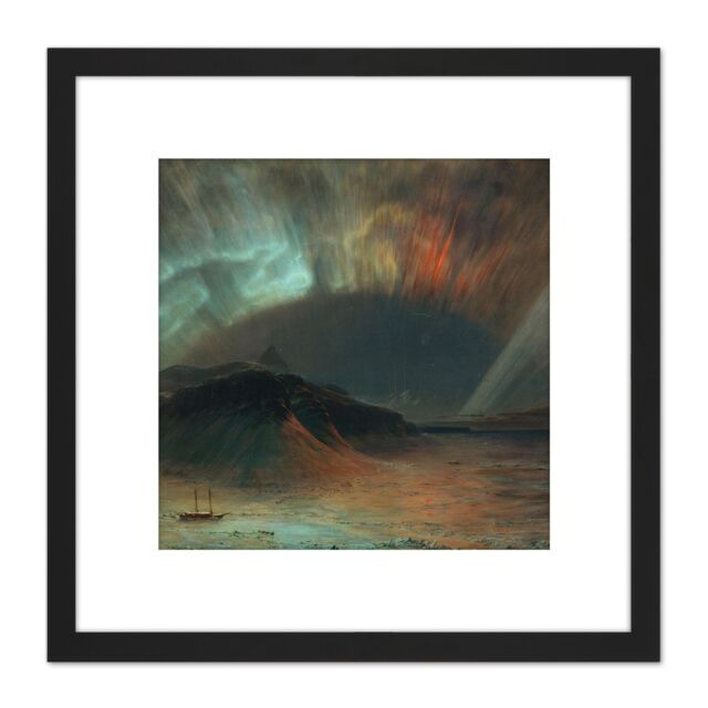 Artery8 Church Aurora Borealis Northern Lights Landscape Painting 8X8 Inch Square Wooden Framed Wall Art Print Picture with Mount in Black - image 1