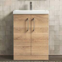 Balterley Contemporary Bathroom Floor 2-Door Vanity & Basin, Bleached Oak, 600mm in Brown - thumbnail 6