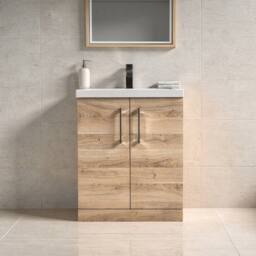 Balterley Contemporary Bathroom Floor 2-Door Vanity & Basin, Bleached Oak, 600mm in Brown - thumbnail 2